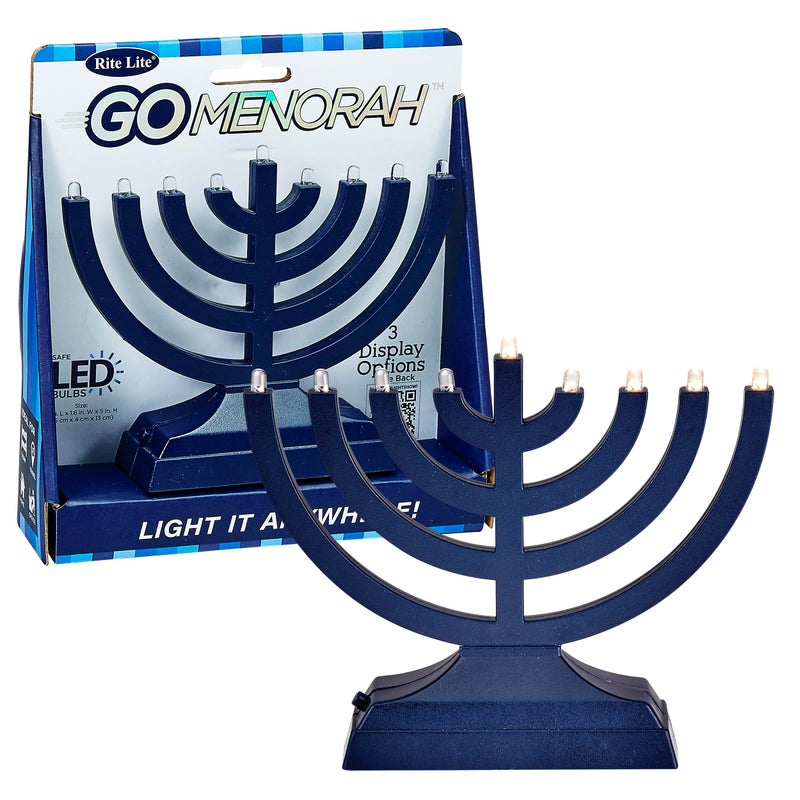 Rite Lite Go Menorah Mini Metallic Electric Menorah - LED Battery/USB Powered Chanukah Menorah Jewish Holiday - Office Car Home Decorations Judaica Hanukkah Gifts, Push Button Multi Light - Blue - Image 1